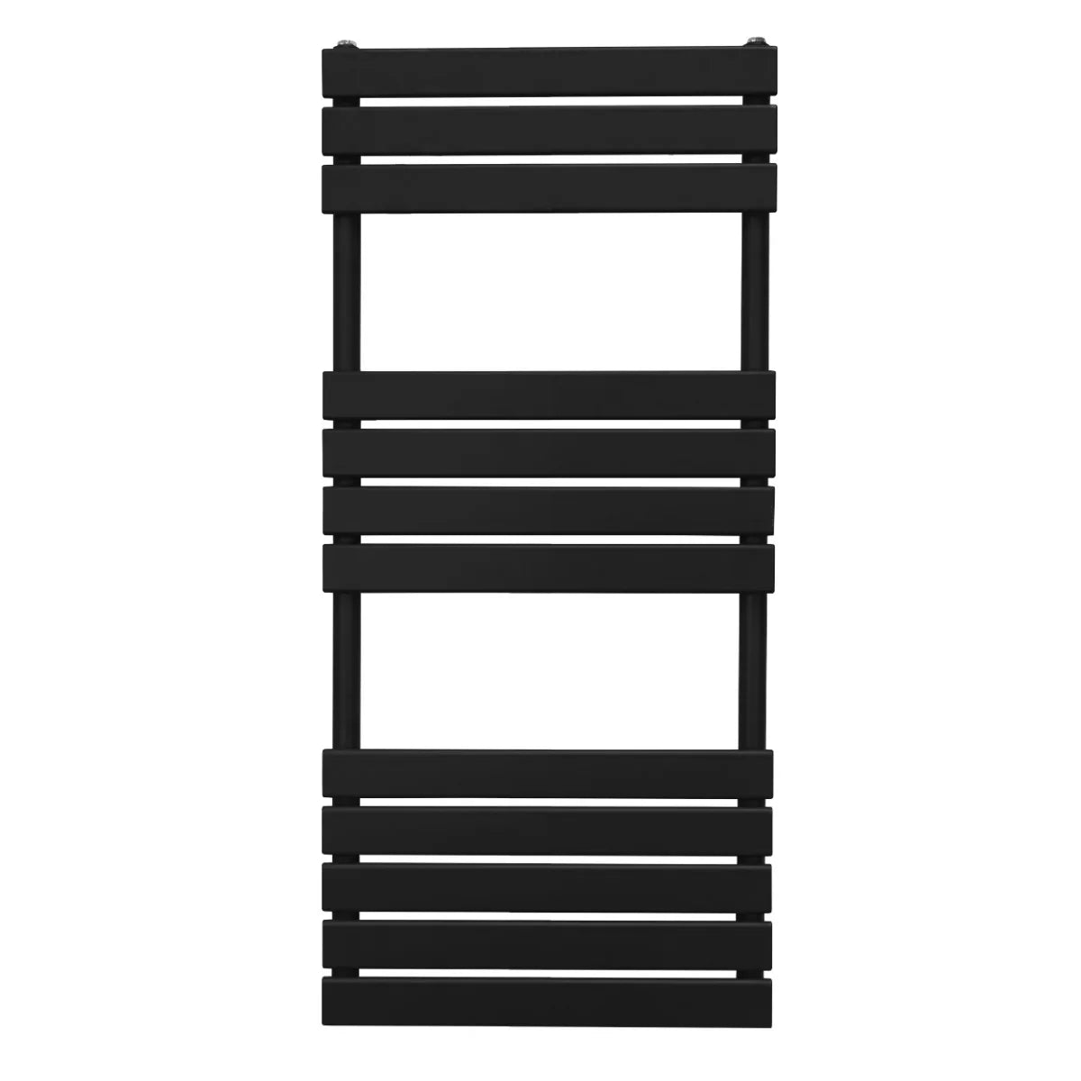 Sleek black flat panel towel radiator, 1200mm x 500mm, featuring horizontal slats and a modern design for stylish heating solutions