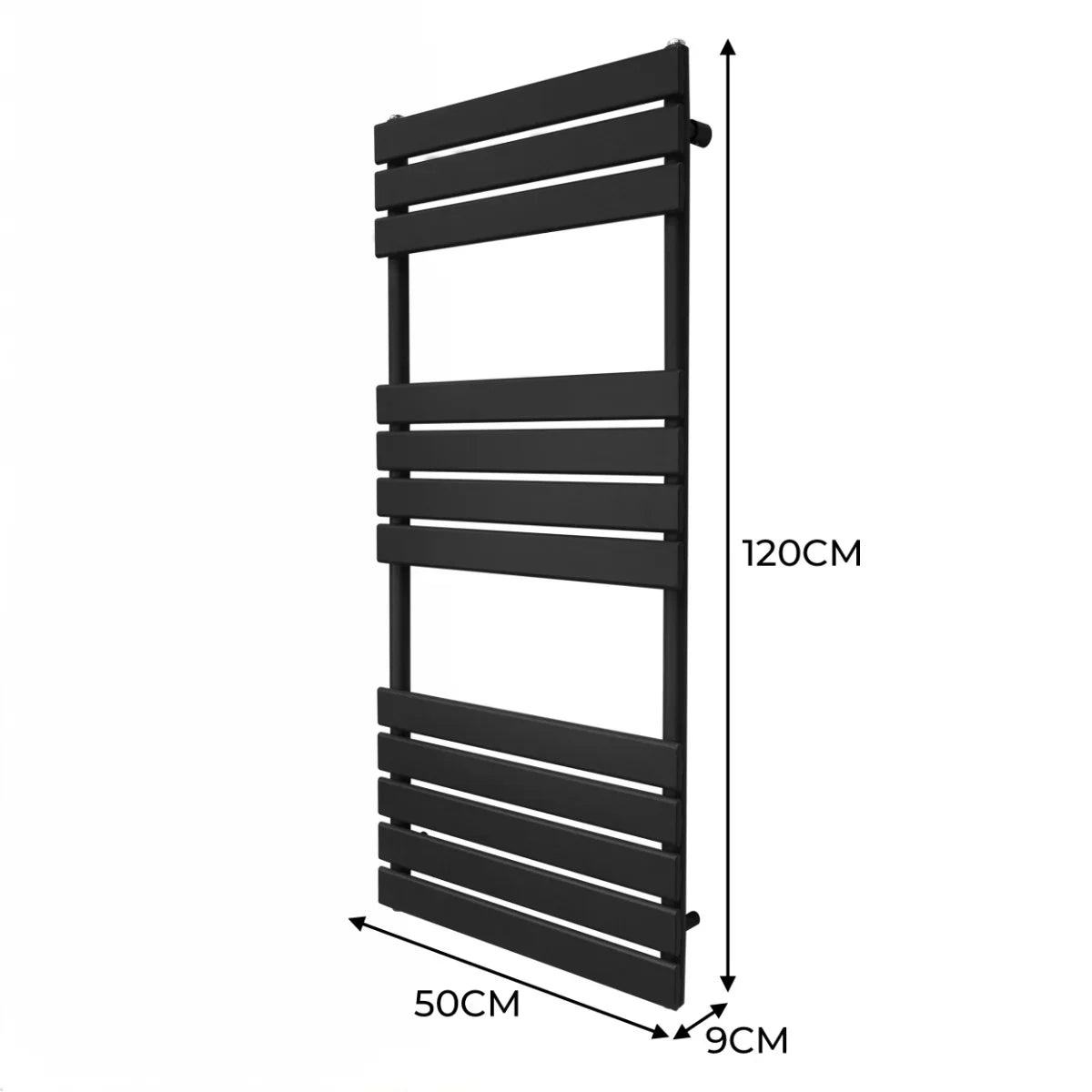 Flat panel towel radiator in sleek black finish, measuring 1200mm x 500mm, features a modern design with horizontal slats
