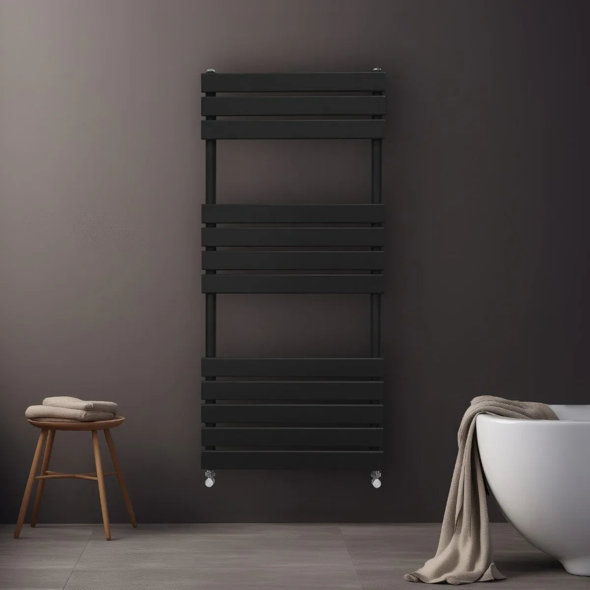 Sleek black flat panel towel radiator, 1200mm x 500mm, mounted on a wall with a modern bathroom setting and a cozy towel draped nearby