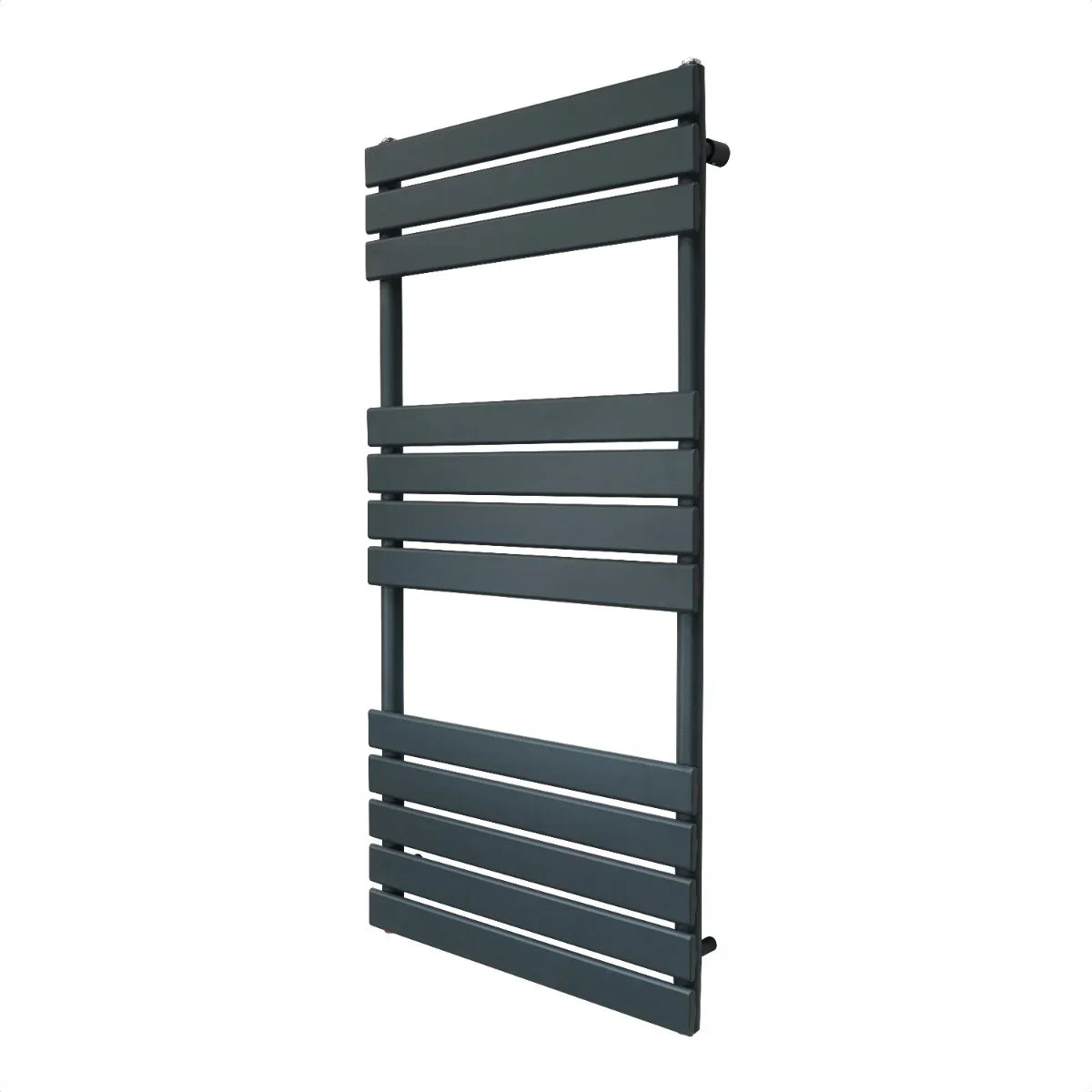 Flat panel towel radiator in anthracite grey, measuring 1200mm x 600mm, featuring sleek horizontal bars and a modern design