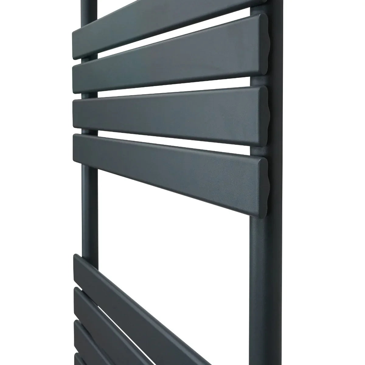 Flat panel towel radiator in anthracite grey, featuring sleek horizontal bars and a modern design, ideal for stylish bathrooms