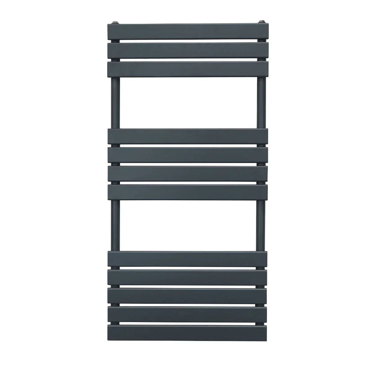 Flat panel towel radiator in anthracite grey, 1200mm x 600mm, featuring sleek horizontal bars and a modern design for efficient heating