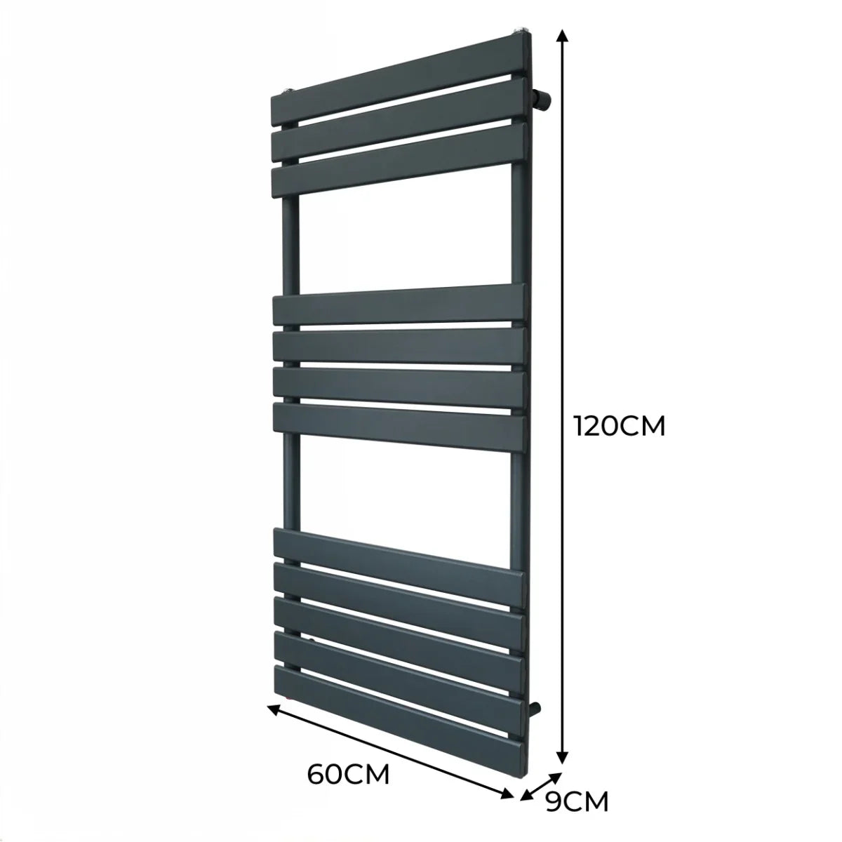Flat panel towel radiator in anthracite grey, measuring 1200mm x 600mm, features a sleek, modern design with horizontal slats