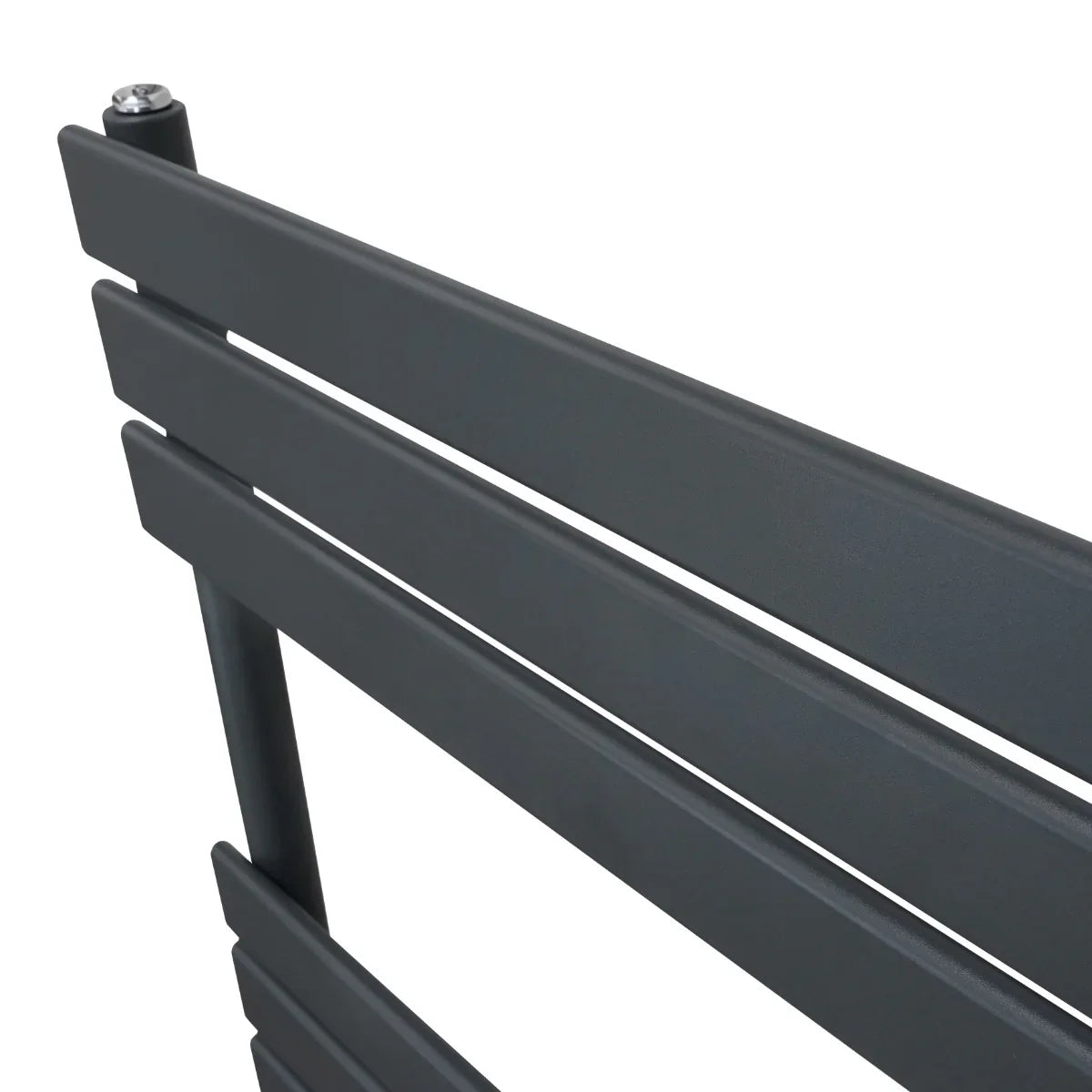 Flat panel towel radiator in anthracite grey, featuring sleek horizontal bars and a modern design, ideal for stylish bathrooms