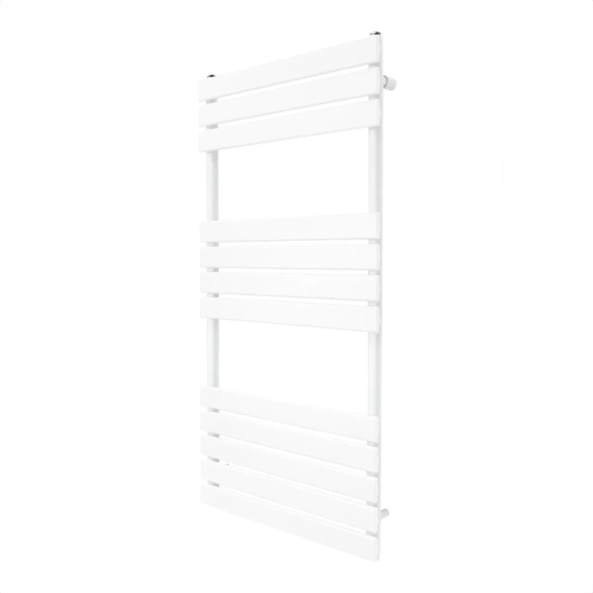 Flat panel towel radiator in sleek white, measuring 1200mm x 600mm, features horizontal slats for efficient drying and modern design