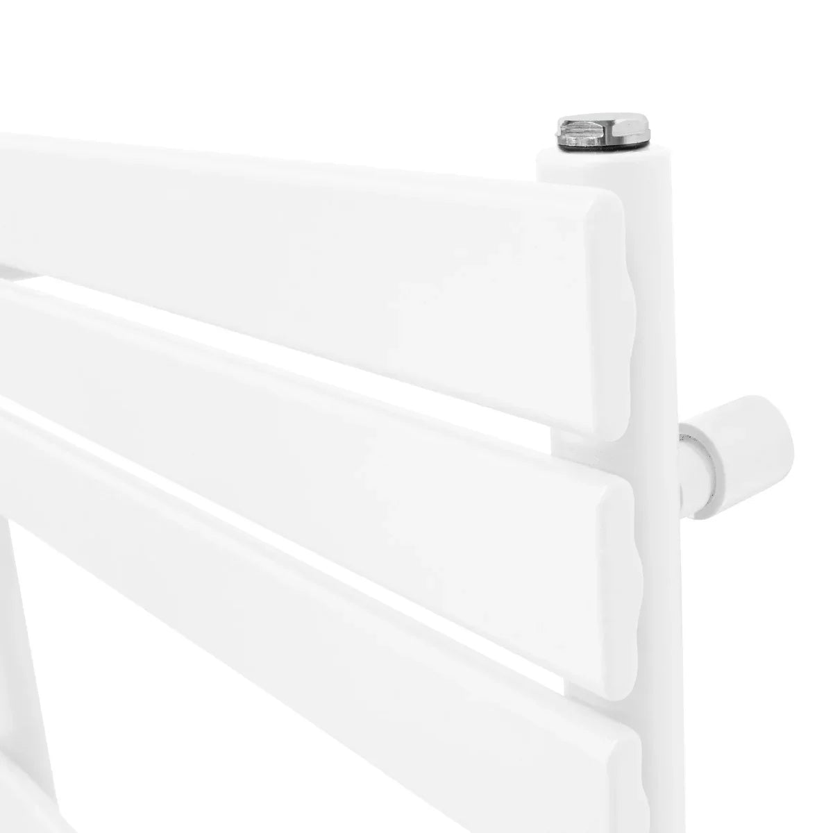 Flat panel towel radiator in sleek white finish, featuring smooth, straight lines and a modern design for efficient heating