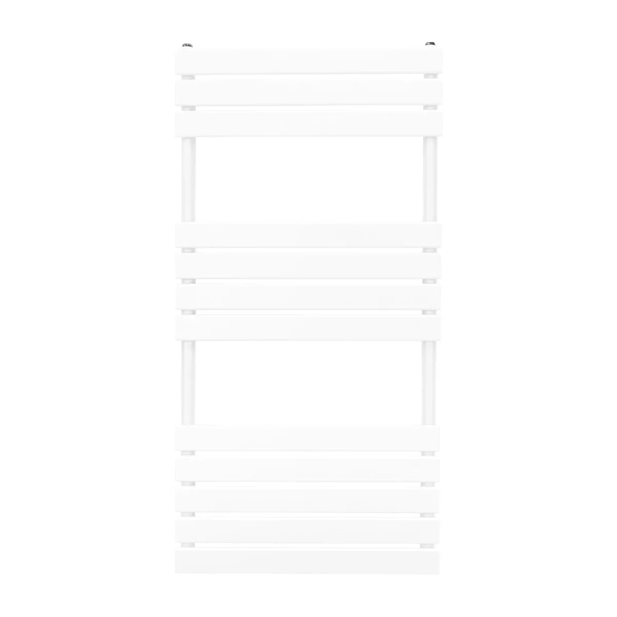 Sleek white flat panel towel radiator, 1200mm x 600mm, featuring horizontal slats and a modern design for efficient heating