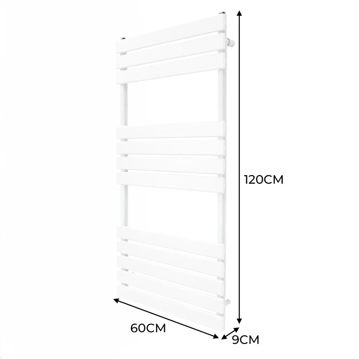 Flat panel towel radiator in white, measuring 1200mm x 600mm, featuring sleek horizontal slats and a modern design