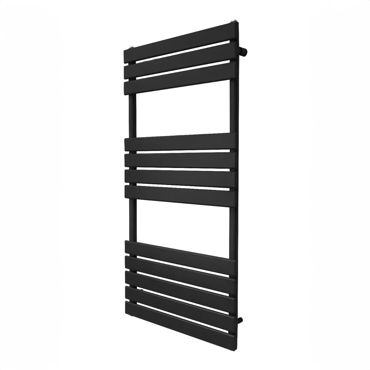 Flat panel towel radiator in sleek black finish, measuring 1200mm x 600mm, featuring horizontal slats for efficient drying and modern design
