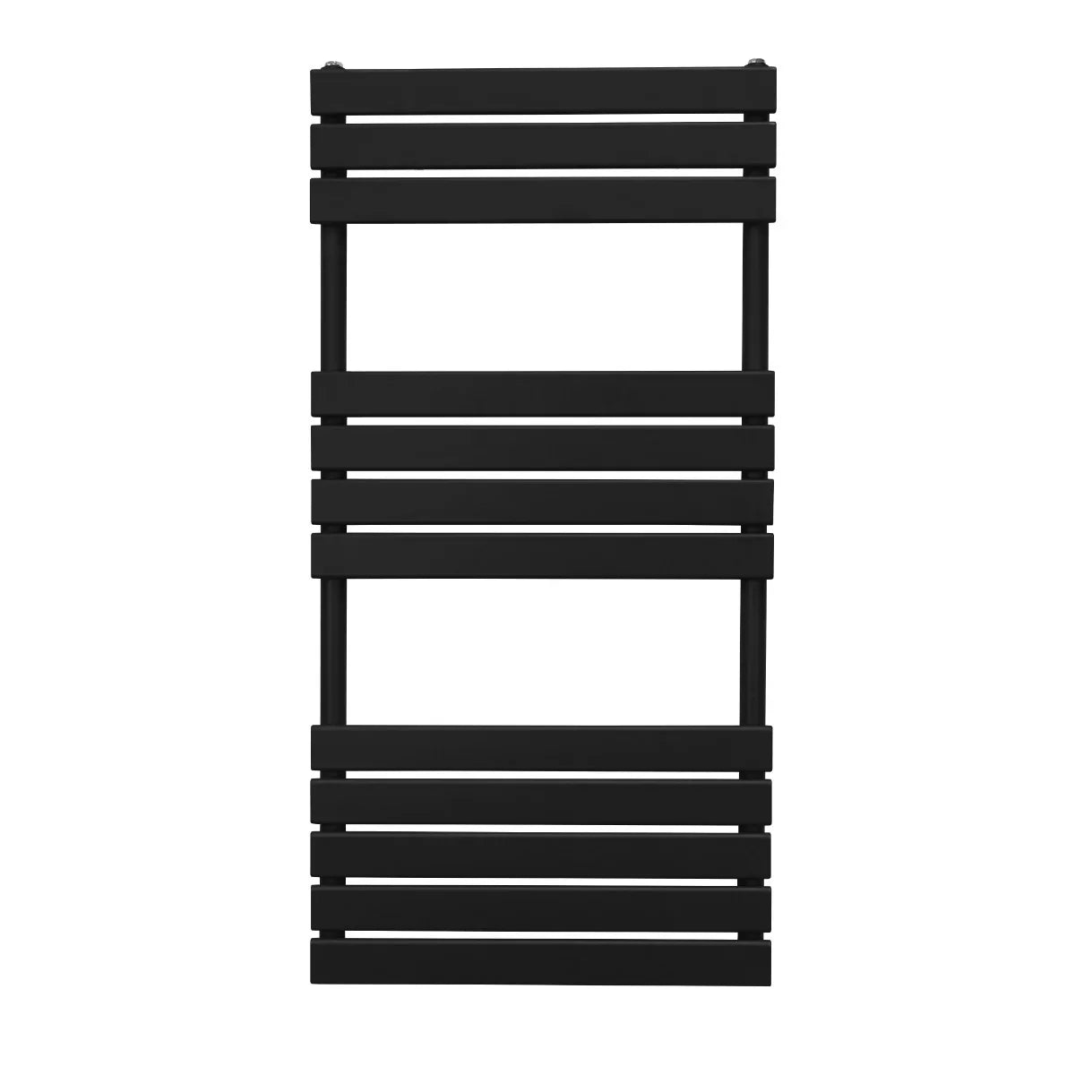 Sleek black flat panel towel radiator measuring 1200mm x 600mm, featuring horizontal slats for efficient heat distribution