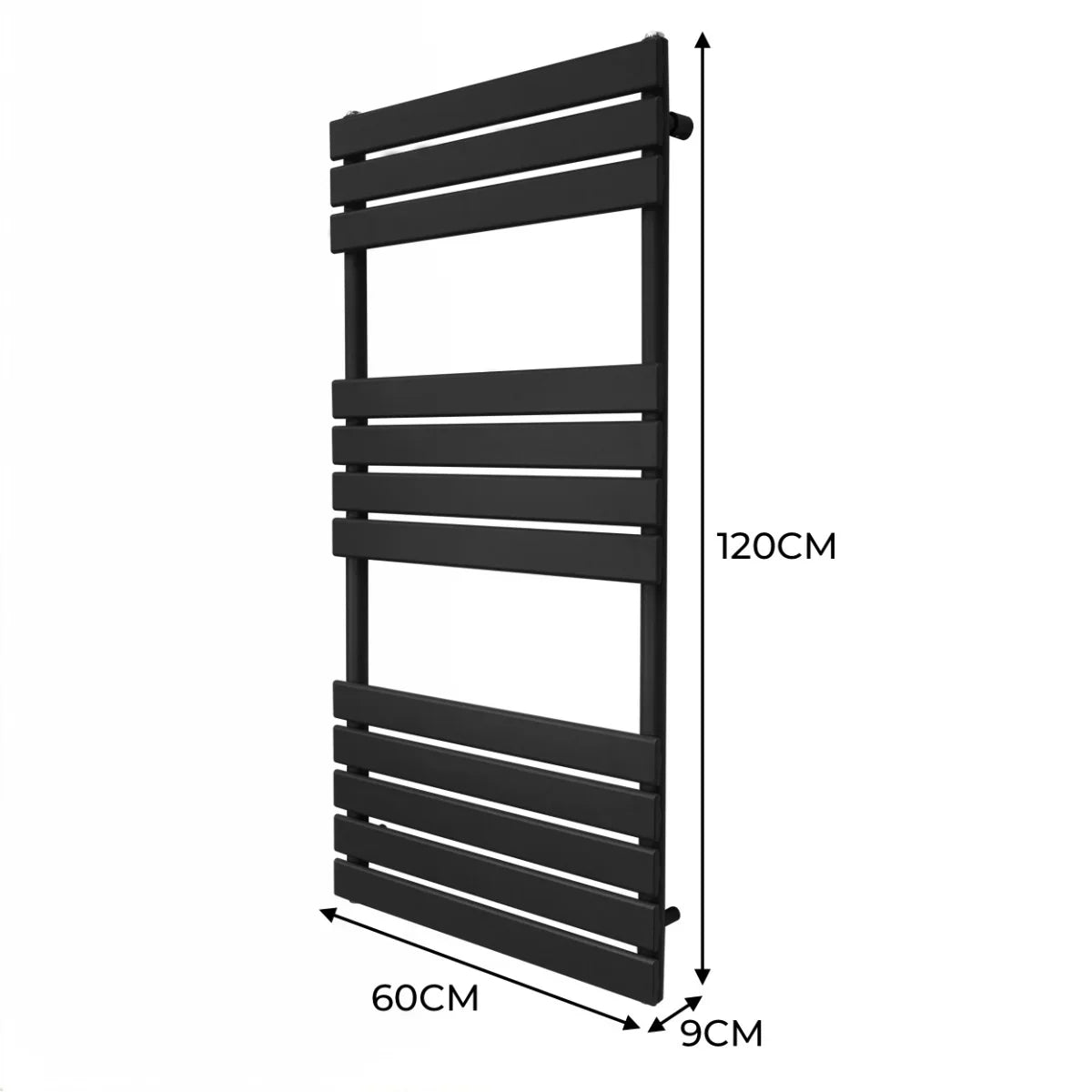 Flat panel towel radiator in sleek black, measuring 1200mm x 600mm, features a modern design with horizontal slats and a smooth finish