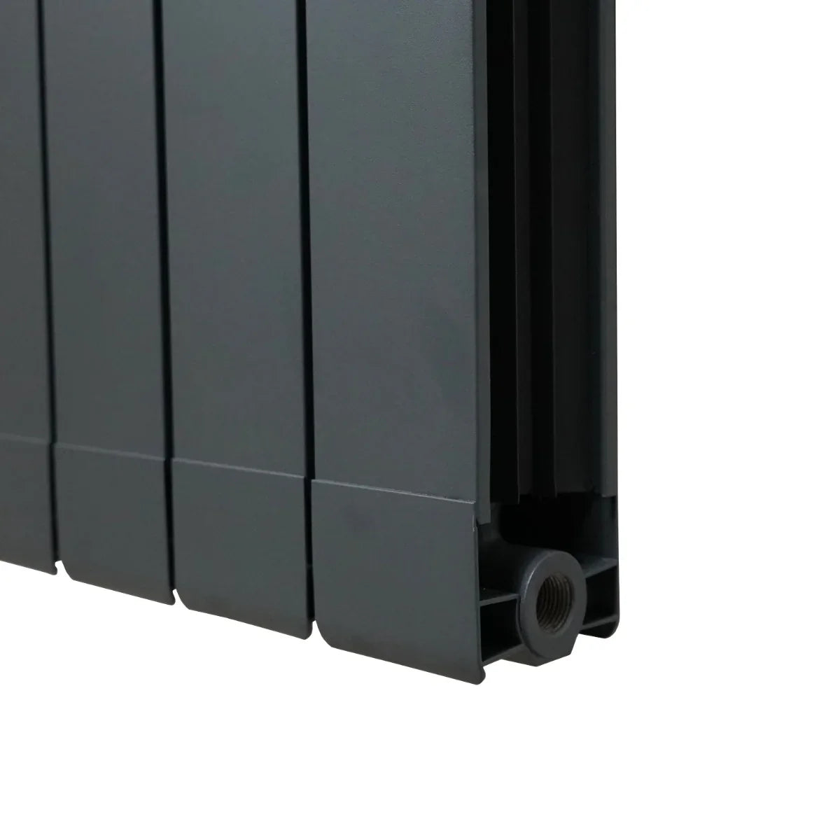 Aluminium radiator in anthracite grey, 1800mm x 395mm, featuring a sleek, modern design with vertical fins and a smooth finish