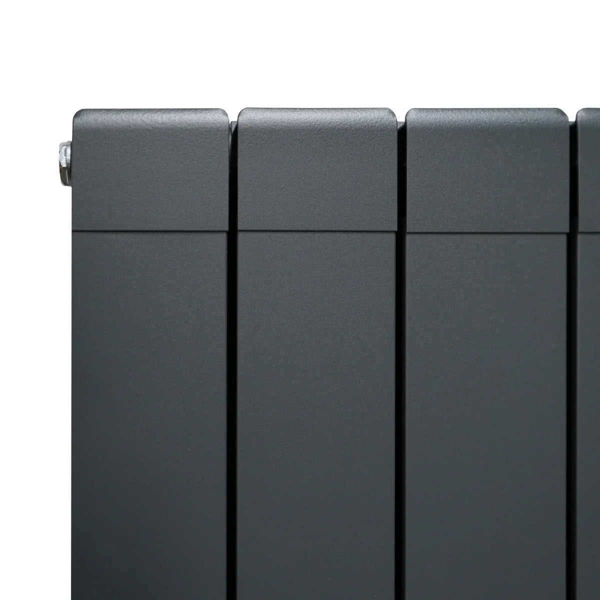 Anthracite grey aluminium radiator with a sleek, modern design, featuring smooth, flat panels and a minimalist aesthetic