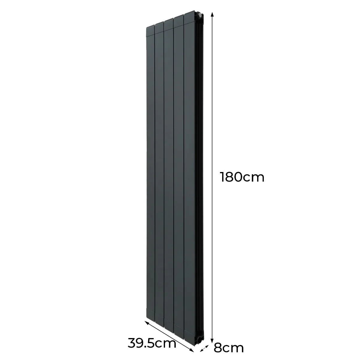 Slim anthracite grey aluminium radiator, 1800mm tall and 395mm wide, featuring a sleek vertical design with smooth, modern lines