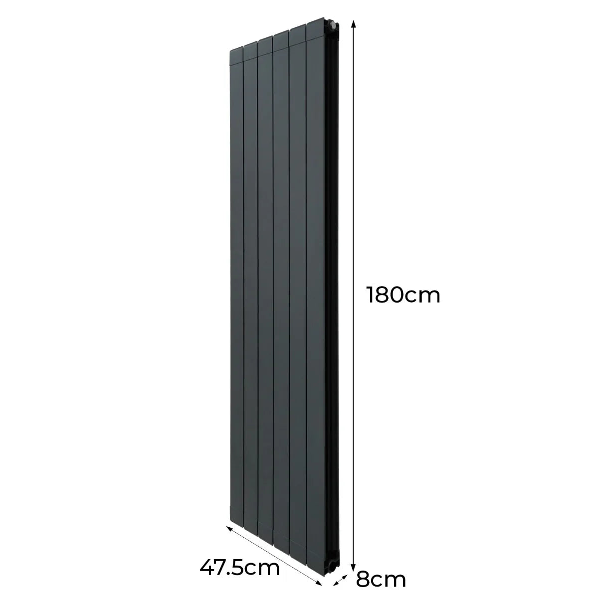Anthracite grey aluminium radiator, 1800mm x 475mm, featuring a sleek vertical design with smooth, modern lines and a matte finish