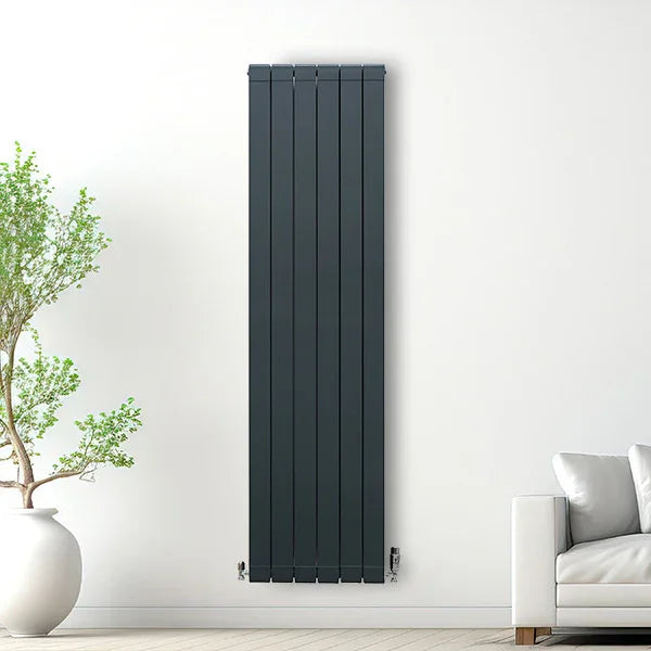 Tall anthracite grey aluminium radiator with vertical panels, mounted on a white wall, beside a potted plant and a sofa