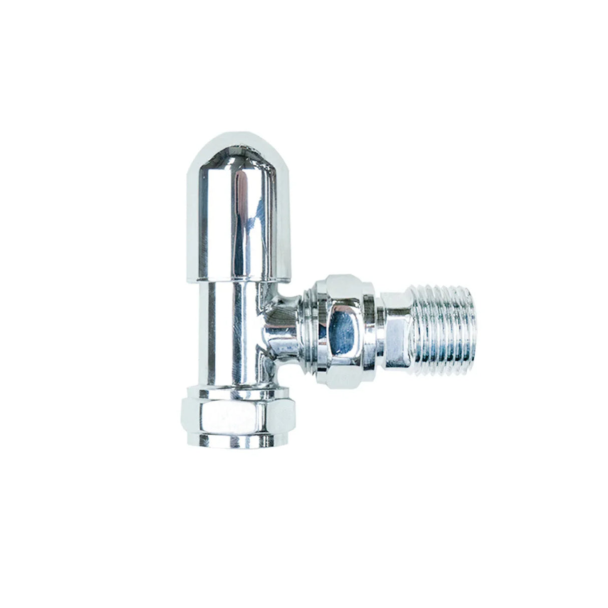 Chrome thermostatic radiator valve with a sleek, polished finish, featuring a rounded top and threaded connection for easy installation