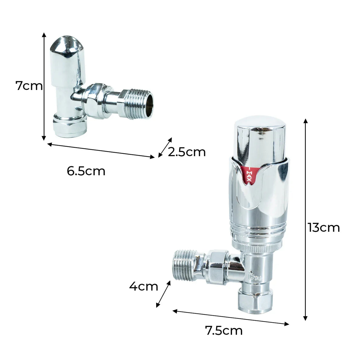Chrome thermostatic radiator valves with sleek design, measuring 13cm and 7.5cm, featuring polished surfaces and precise dimensions