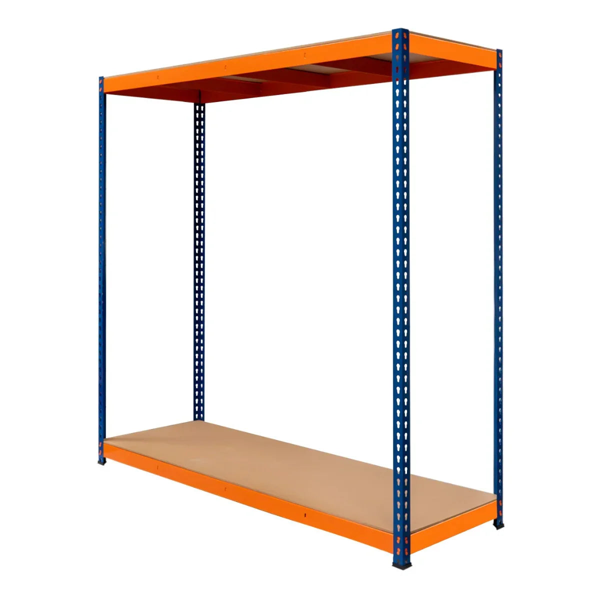 S-Rax 2 Shelf Racking in orange and blue, featuring sturdy metal construction, measuring 180cm x 180cm x 60cm, ideal for storage