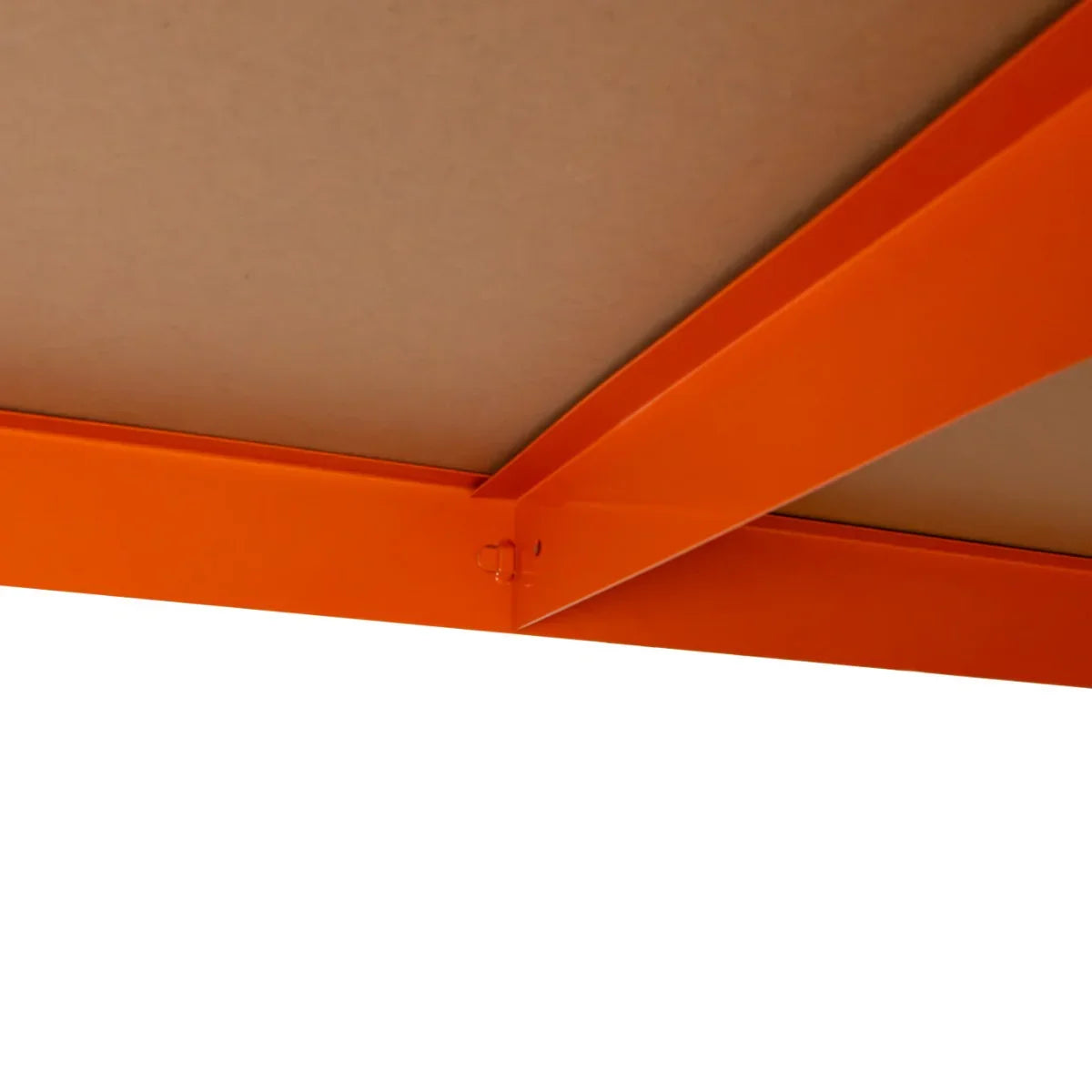 Close-up of the sturdy orange metal frame and smooth wooden shelf of the S-Rax 2 Shelf Racking, showcasing its durable construction