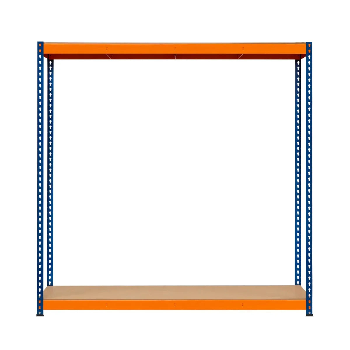 S-Rax 2 Shelf Racking in blue and orange, featuring sturdy metal frames and wooden shelves, ideal for storage and organization