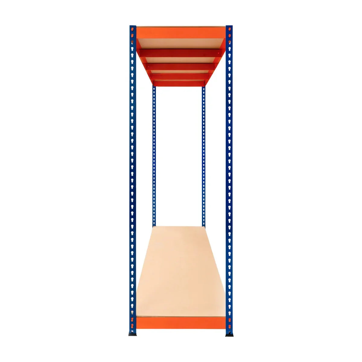 S-Rax 2 Shelf Racking in blue and orange, featuring sturdy metal frame and wooden shelves, dimensions 180cm x 180cm x 60cm