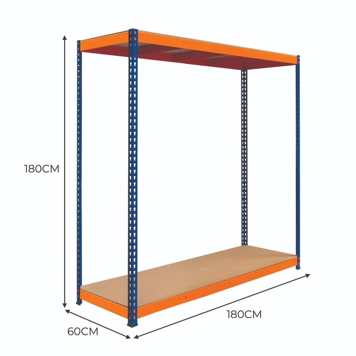 S-Rax 2 Shelf Racking in blue and orange, measuring 180cm x 180cm x 60cm, features sturdy metal frame and wooden shelves