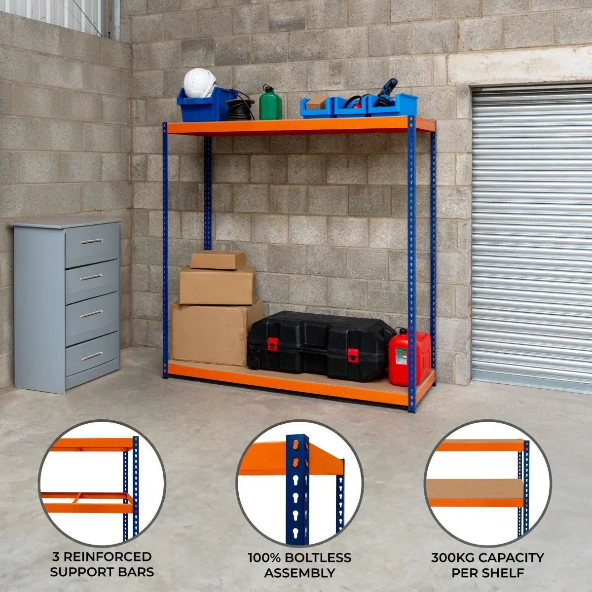 S-Rax 2 Shelf Racking in blue and orange, featuring sturdy metal construction, 300kg capacity per shelf, and boltless assembly