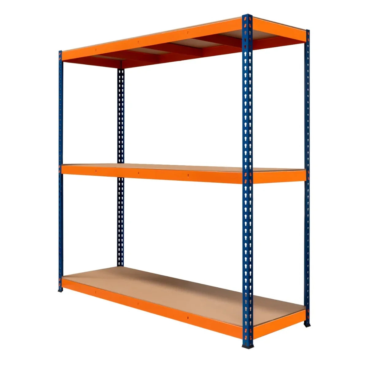 Three-tier S-Rax racking system in blue and orange, featuring sturdy metal shelves and a spacious design, ideal for storage
