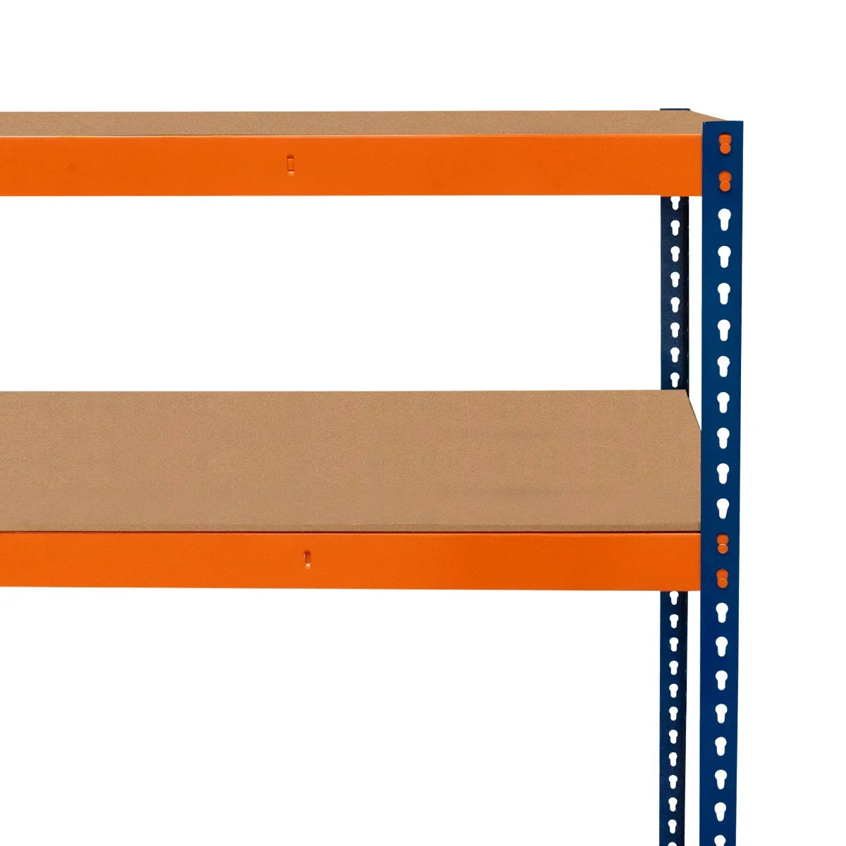 S-Rax 3 Shelf Racking in blue and orange, featuring sturdy metal frames and smooth, durable shelves for efficient storage solutions