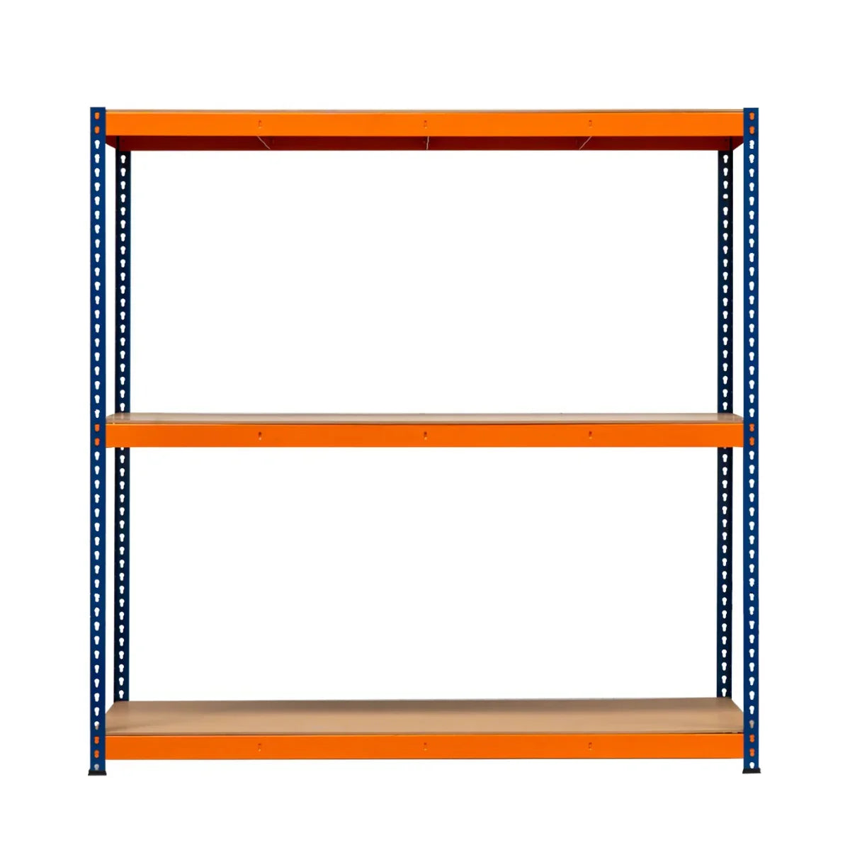 S-Rax 3 Shelf Racking in blue and orange, featuring sturdy metal frames and wooden shelves, ideal for storage and organization