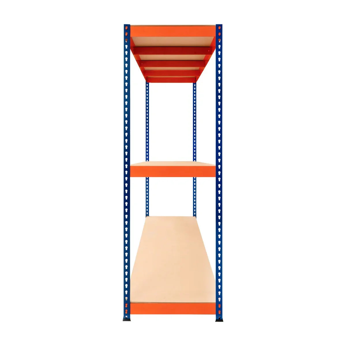 S-Rax 3 Shelf Racking in blue and orange, featuring sturdy metal frame and wooden shelves, ideal for storage and organization