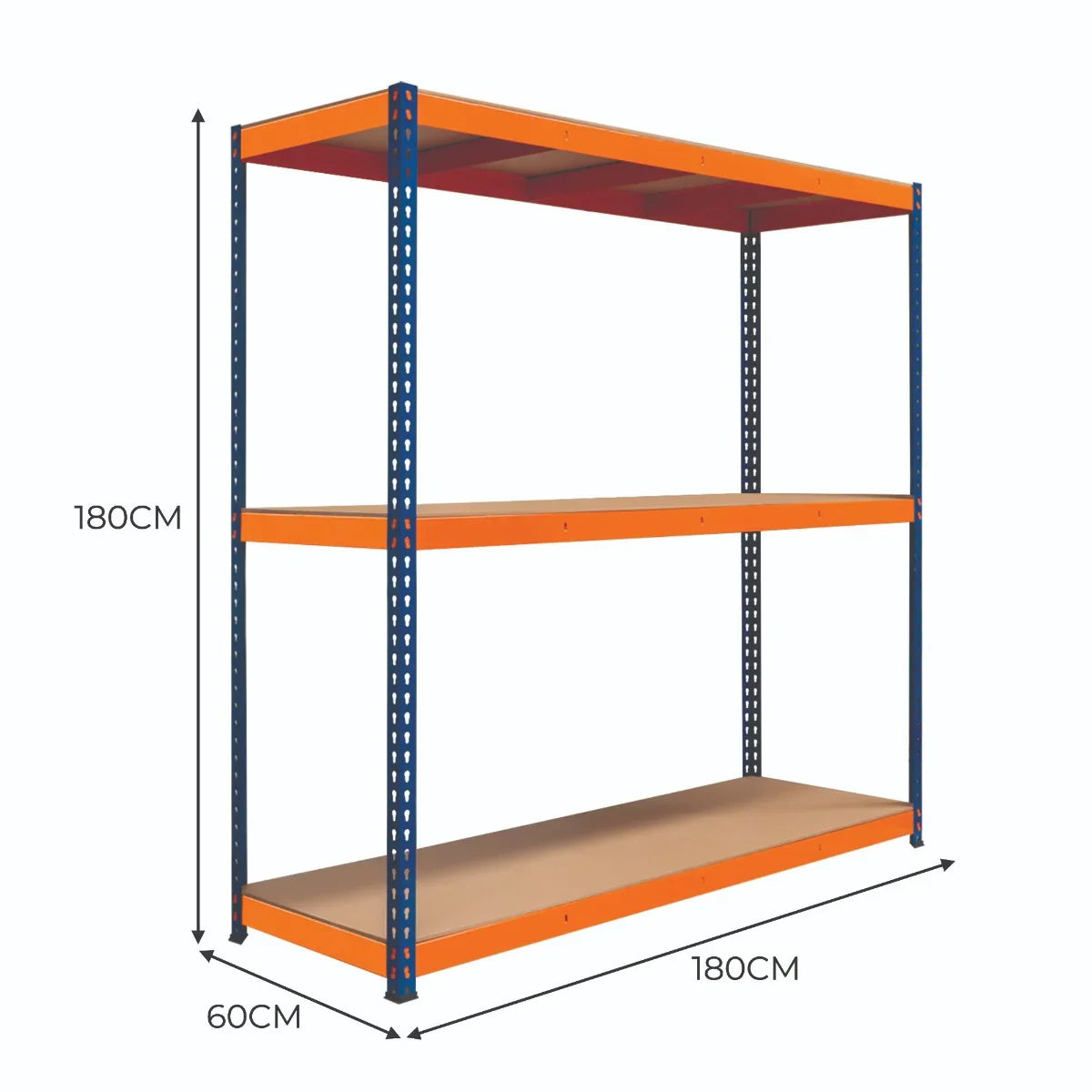 S-Rax 3 shelf racking unit in blue and orange, measuring 180cm high, 180cm wide, and 60cm deep, with sturdy metal construction and wooden shelves