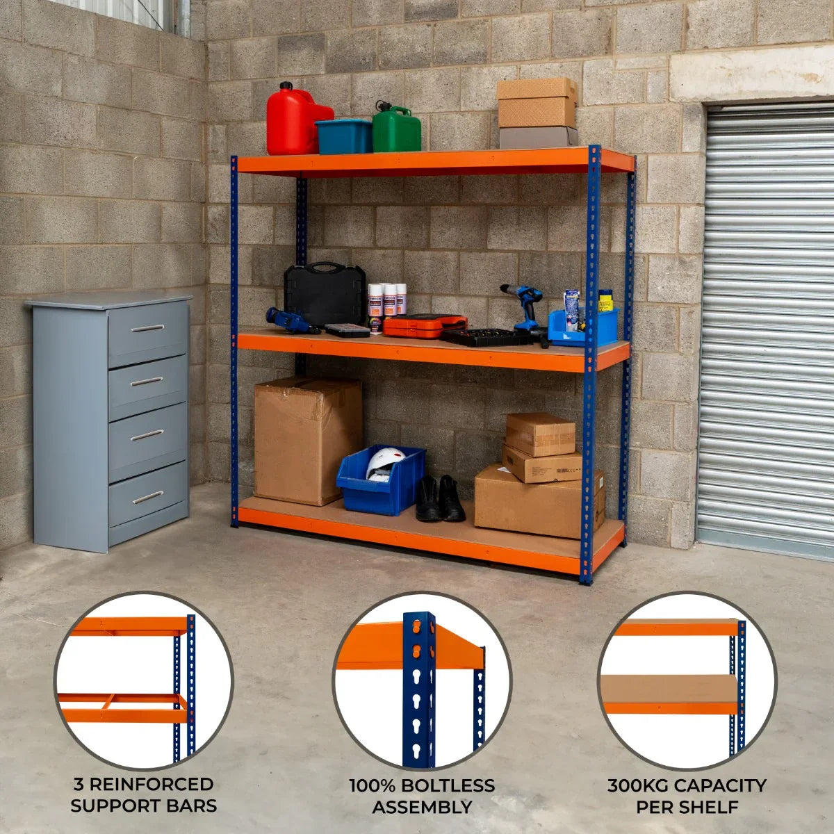 S-Rax 3 Shelf Racking in orange and blue, featuring three reinforced shelves, boltless assembly, and 300kg capacity per shelf, ideal for storage