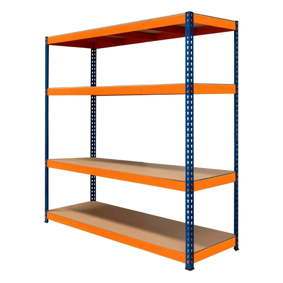 S-Rax 4 Shelf Racking unit, 180cm x 180cm x 60cm, features sturdy blue metal frame with orange shelves, ideal for storage and organization