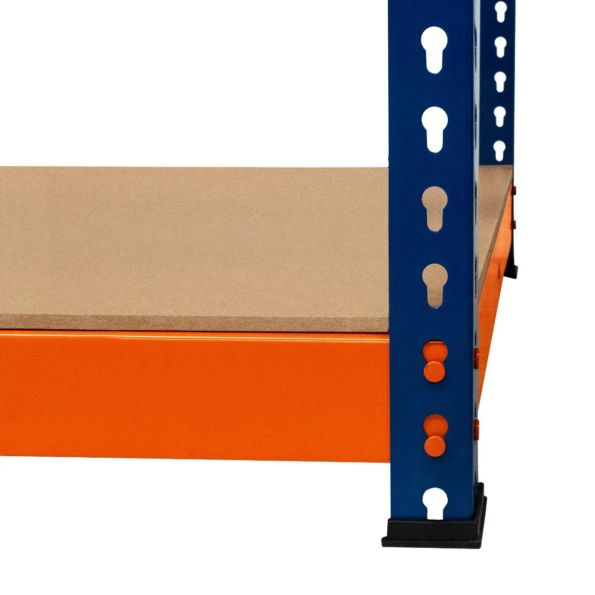 S-Rax 4 Shelf Racking features a sturdy blue metal frame with orange accents, a smooth MDF shelf, and adjustable height options for versatile storage