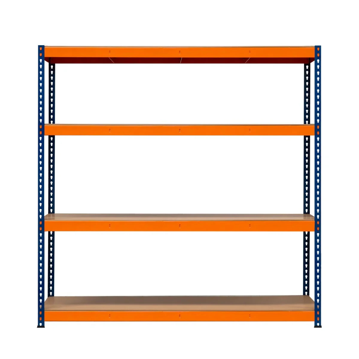 S-Rax 4 Shelf Racking in blue and orange, featuring sturdy metal frame and wooden shelves, ideal for storage and organization