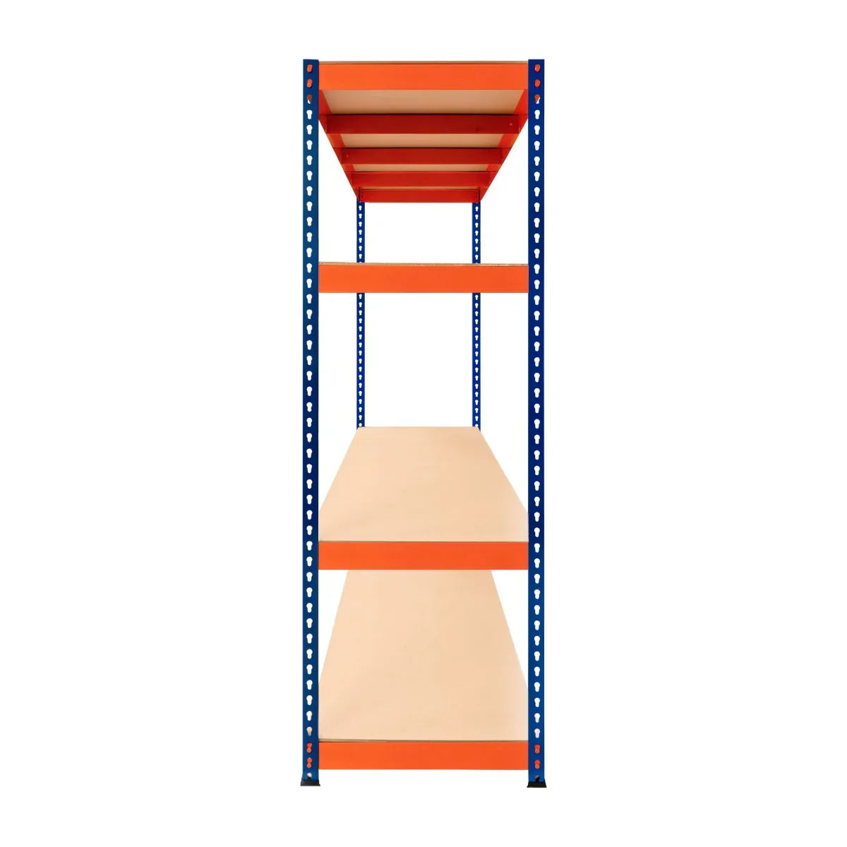 S-Rax 4 Shelf Racking unit in blue and orange, featuring sturdy metal frame and wooden shelves, ideal for storage and organization