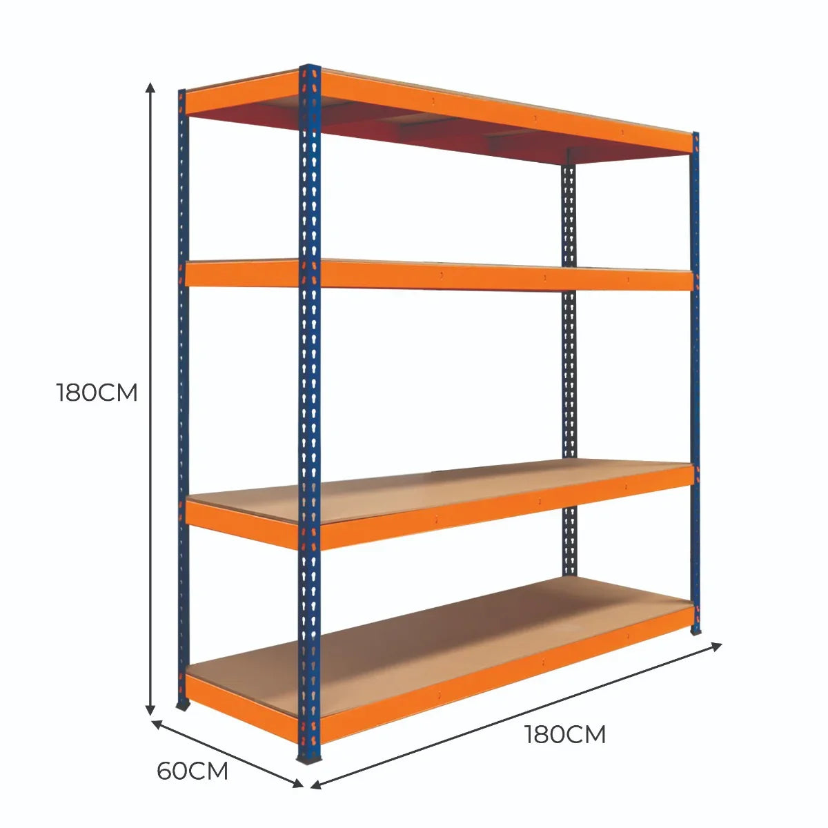 S-Rax 4 Shelf Racking in blue and orange, measuring 180cm x 180cm x 60cm, features sturdy metal construction and spacious shelves