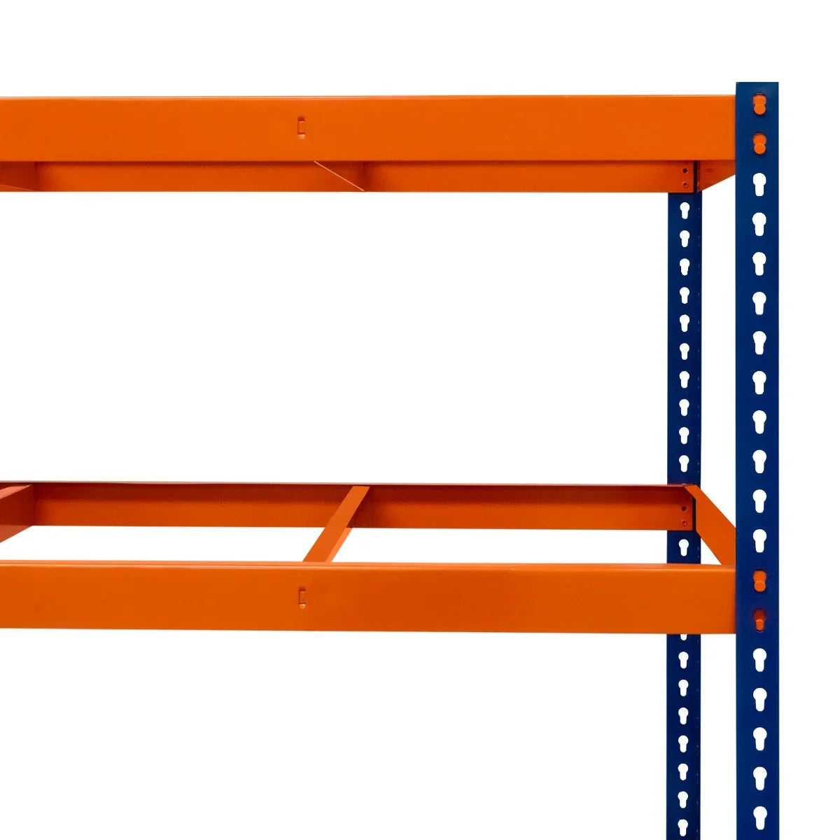 Sturdy S-Rax 4 shelf racking unit in vibrant orange and blue, featuring durable metal construction and spacious shelving design