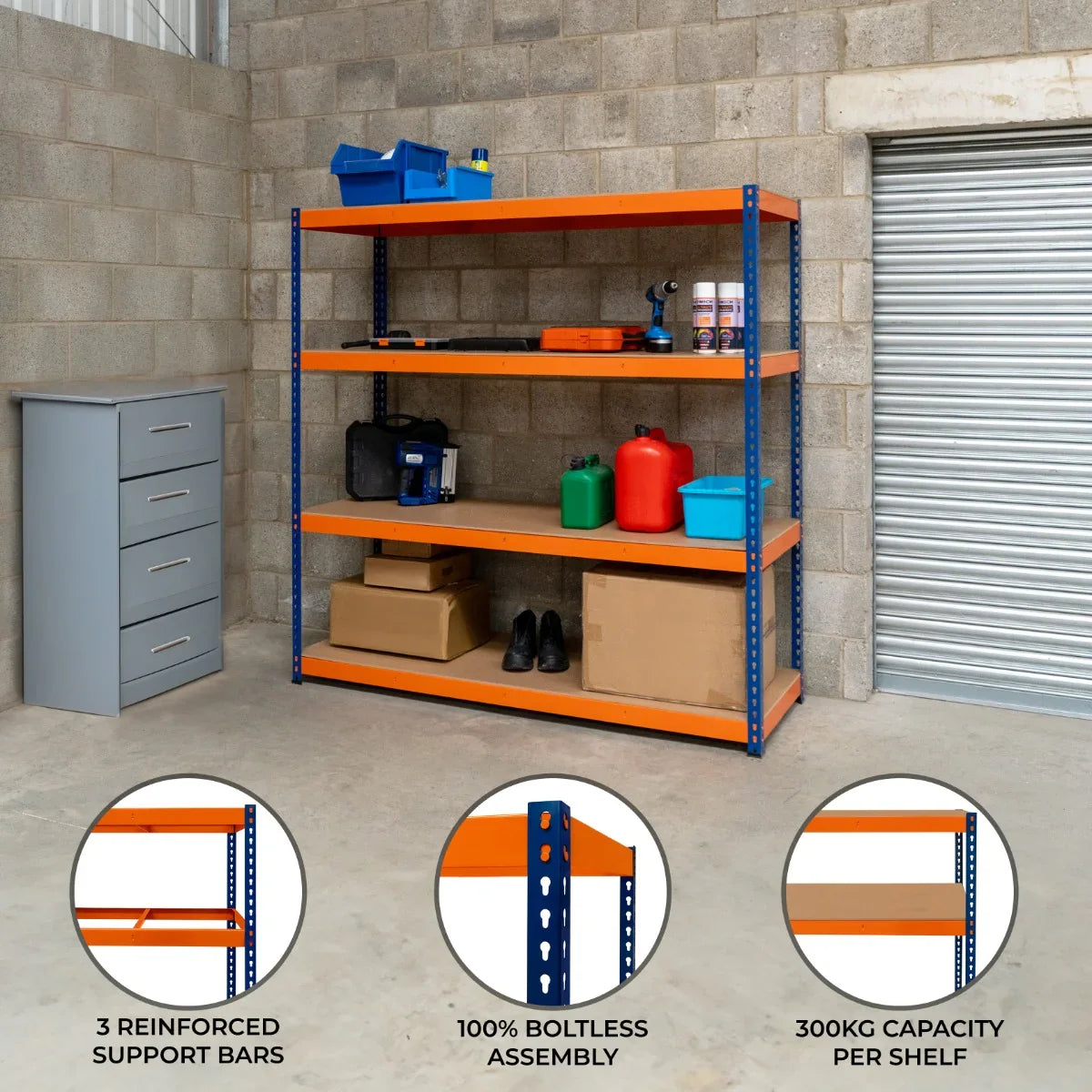 S-Rax 4 Shelf Racking in orange and blue, featuring sturdy metal construction, 300kg capacity per shelf, and boltless assembly