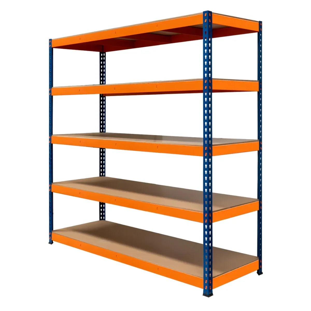 S-Rax 5 Shelf Racking in orange and blue, featuring sturdy metal frames and spacious wooden shelves, ideal for storage solutions