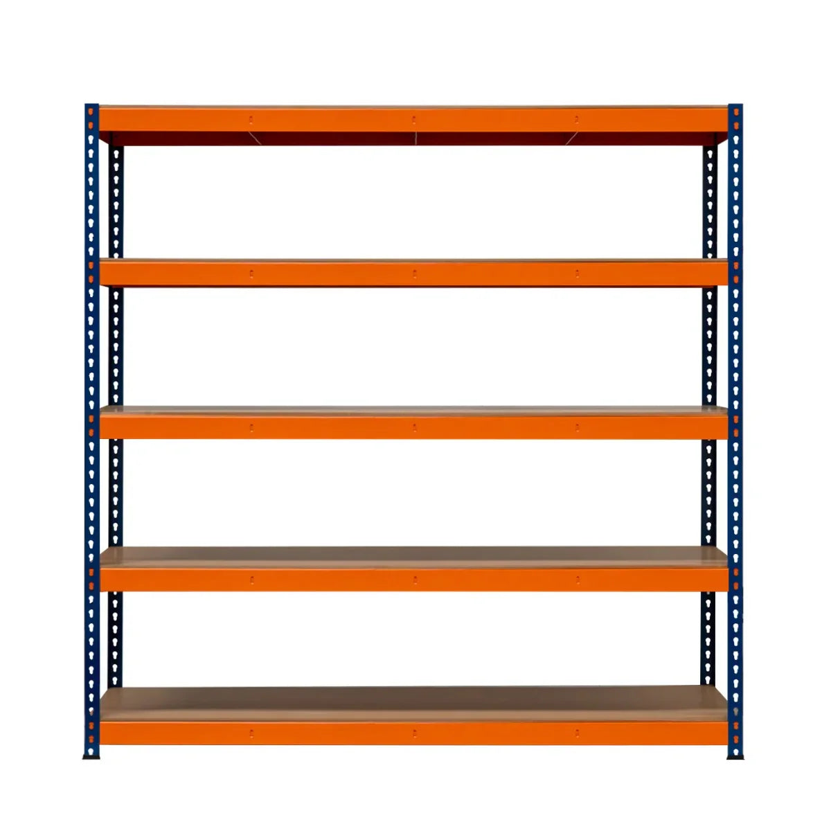 Five-shelf S-Rax racking unit with sturdy blue metal frame and orange shelves, measuring 180cm x 180cm x 60cm, ideal for storage