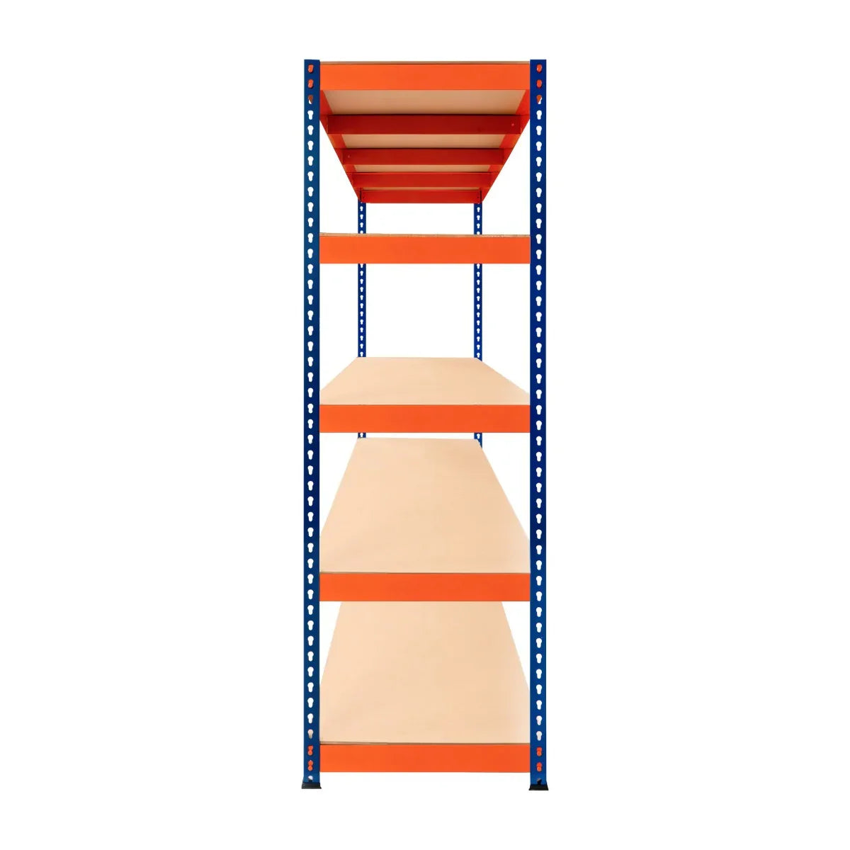 S-Rax 5 Shelf Racking in blue and orange, featuring sturdy metal frame and smooth wooden shelves, ideal for storage solutions