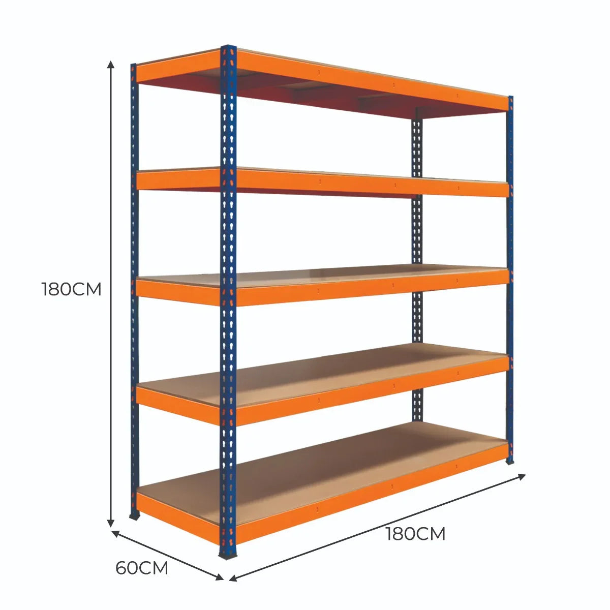 S-Rax 5 shelf racking unit in vibrant orange and blue, measuring 180cm x 180cm x 60cm, with sturdy metal frame and smooth wooden shelves