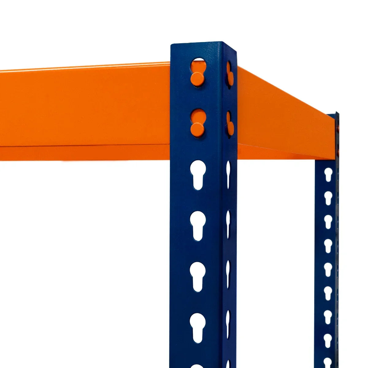 S-Rax 5 Shelf Racking features a sturdy blue metal frame with orange shelves, designed for efficient storage and organization