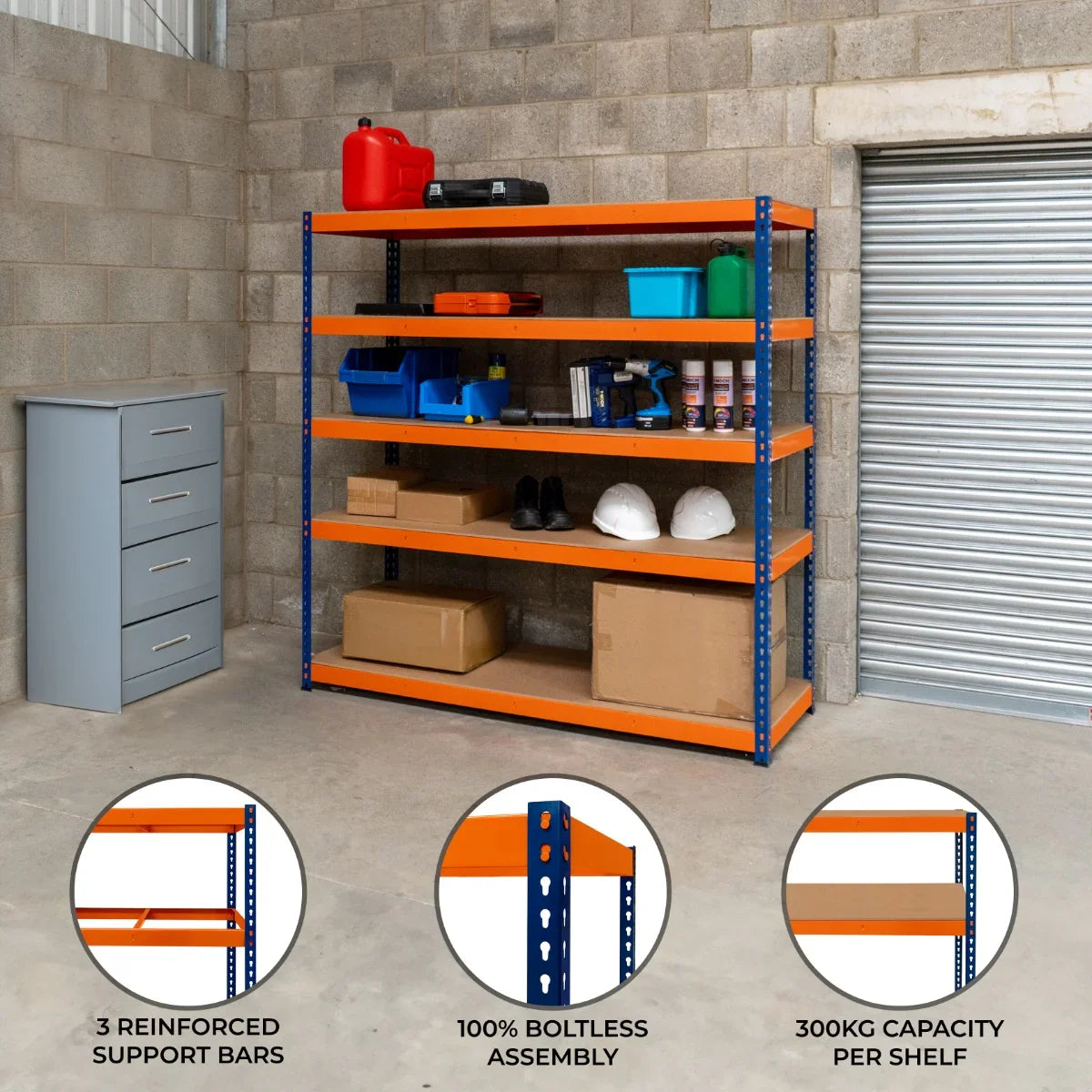 S-Rax 5 shelf racking in blue and orange, featuring sturdy shelves, reinforced support bars, and a 300kg capacity per shelf