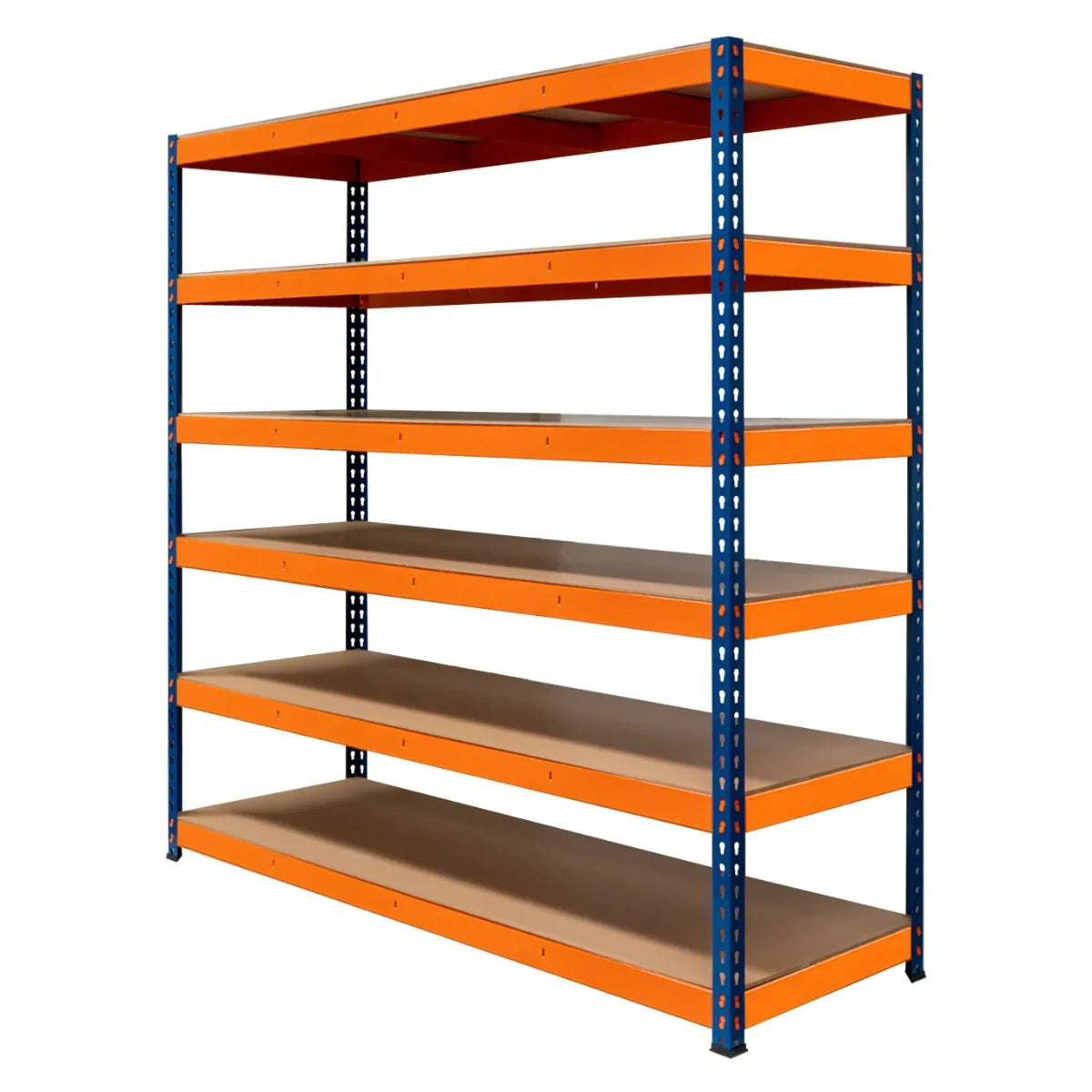 S-Rax 6 shelf racking unit in orange and blue, featuring sturdy metal frame and spacious shelves for efficient storage solutions