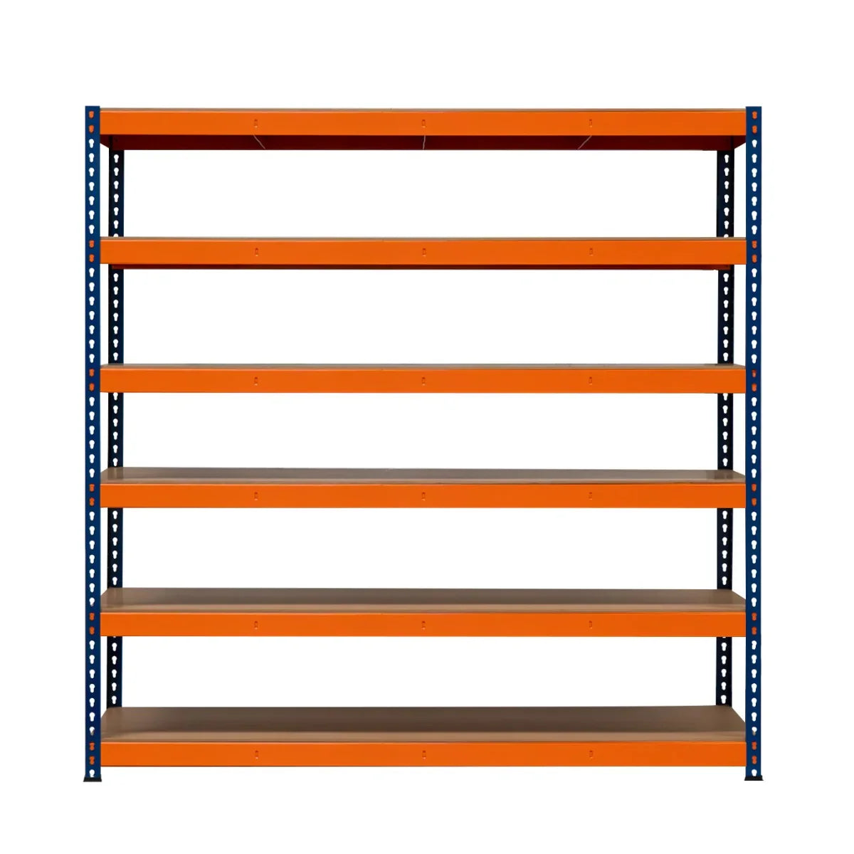 S-Rax 6 shelf racking unit in blue and orange, featuring sturdy metal frame and spacious wooden shelves for storage solutions