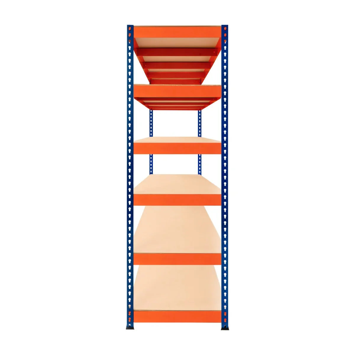 S-Rax 6 Shelf Racking in blue and orange, featuring six sturdy shelves, ideal for storage and organization in various spaces